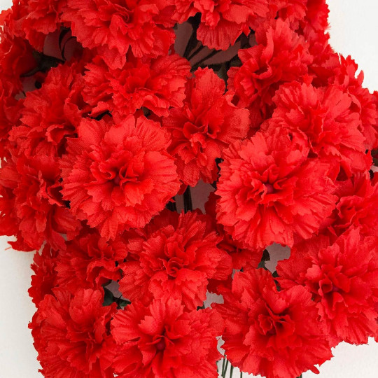 6 Red Fabric Carnation Flowers for Crafts ~ 1-3/8" across